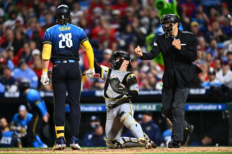 Apr 12, 2024; Philadelphia, Pennsylvania, USA; Philadelphia Phillies infielder Alec Bohm (28) reacts after striking out against the Pittsburgh Pirates in the seventh inning at Citizens Bank Park. Mandatory Credit: Kyle Ross-USA TODAY Sports