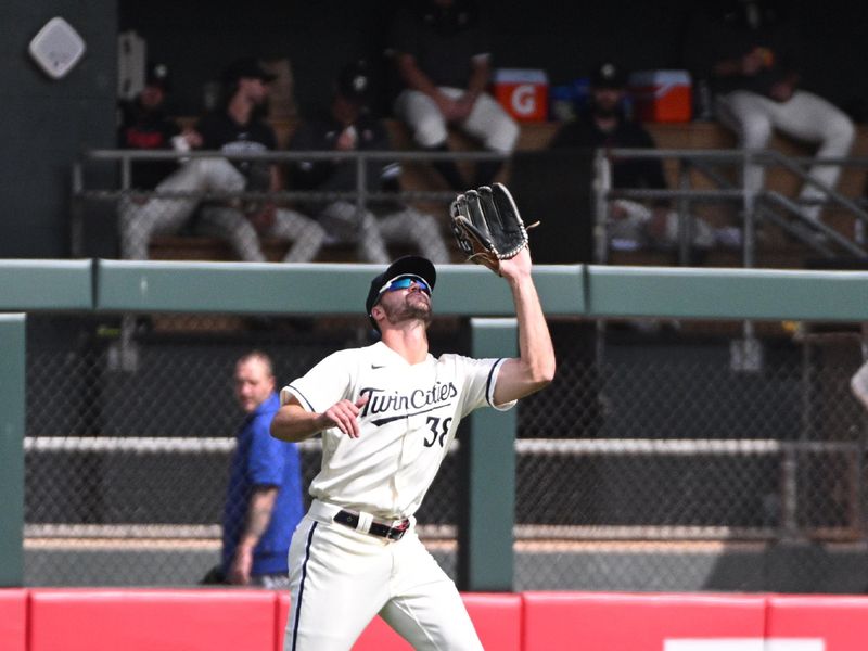 Sep 10, 2023; Minneapolis, Minnesota, USA; Minnesota Twins right fielder Matt Wallner (38) catches a fly ball against the New York Mets in the fifth inning at Target Field. Mandatory Credit: Michael McLoone-USA TODAY Sports