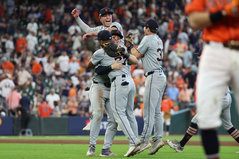 Oct 2, 2024; Houston, Texas, USA; The Detroit Tigers celebrate after defeating the Houston Astros in game two of the Wildcard round for the 2024 MLB Playoffs at Minute Maid Park. Mandatory Credit: Thomas Shea-Imagn Images