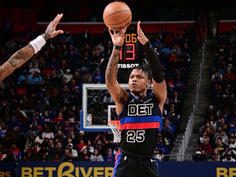 DETROIT, MI - NOVEMBER 30: Marcus Sasser #25 of the Detroit Pistons shoots the ball during the game against the Philadelphia 76ers on November 30, 2024 at Little Caesars Arena in Detroit, Michigan. NOTE TO USER: User expressly acknowledges and agrees that, by downloading and/or using this photograph, User is consenting to the terms and conditions of the Getty Images License Agreement. Mandatory Copyright Notice: Copyright 2024 NBAE (Photo by Chris Schwegler/NBAE via Getty Images)