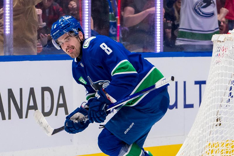 Apr 8, 2024; Vancouver, British Columbia, CAN;  Vancouver Canucks forward Conor Garland (8) celebrates his goal against the Vegas Golden Knights in the first period  at Rogers Arena. Mandatory Credit: Bob Frid-USA TODAY Sports