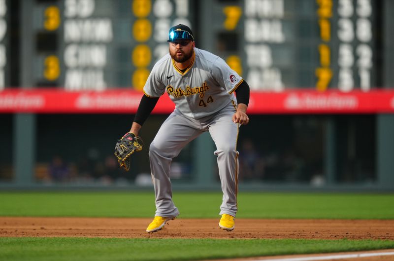 Jun 14, 2024; Denver, Colorado, USA; Pittsburgh Pirates first base Rowdy Tellez (44) during the first inning against the Colorado Rockies at Coors Field. Mandatory Credit: Ron Chenoy-USA TODAY Sports