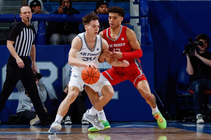 Feb 10, 2023; Colorado Springs, Colorado, USA; Air Force Falcons guard Camden Vander Zwaag (30) controls the ball as New Mexico Lobos guard Javonte Johnson (13) guards in the first half at Clune Arena. Mandatory Credit: Isaiah J. Downing-USA TODAY Sports