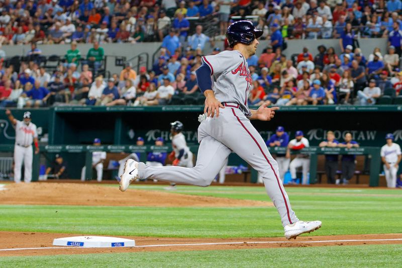 May 15, 2023; Arlington, Texas, USA; Atlanta Braves first baseman Matt Olson (28) rounds third base during the fifth inning against the Texas Rangers at Globe Life Field. Mandatory Credit: Andrew Dieb-USA TODAY Sports