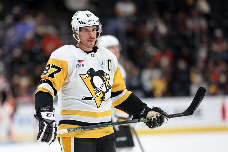 Nov 7, 2023; Anaheim, California, USA; Pittsburgh Penguins center Sidney Crosby (87) warms up before the game against the Anaheim Ducks at Honda Center. Mandatory Credit: Kiyoshi Mio-USA TODAY Sports