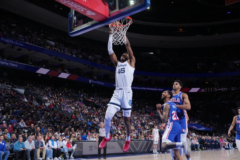 PHILADELPHIA, PA - MARCH 6:  GG Jackson #45 of the Memphis Grizzlies drives to the basket during the game against the Philadelphia 76ers on March 6, 2024 at the Wells Fargo Center in Philadelphia, Pennsylvania NOTE TO USER: User expressly acknowledges and agrees that, by downloading and/or using this Photograph, user is consenting to the terms and conditions of the Getty Images License Agreement. Mandatory Copyright Notice: Copyright 2024 NBAE (Photo by Jesse D. Garrabrant/NBAE via Getty Images)