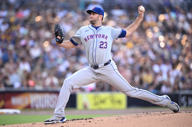 Aug 24, 2024; San Diego, California, USA; New York Mets starting pitcher David Peterson (23) pitches against the San Diego Padres during the first inning at Petco Park. Mandatory Credit: Orlando Ramirez-USA TODAY Sports