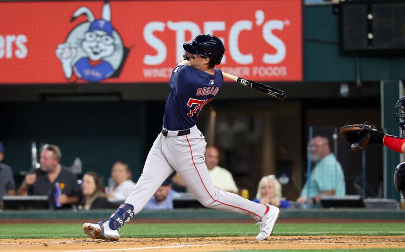 Aug 2, 2024; Arlington, Texas, USA; Boston Red Sox second baseman Nick Sogard (75) bats during the second inning against the Texas Rangers at Globe Life Field. Mandatory Credit: Kevin Jairaj-USA TODAY Sports