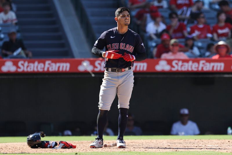 Sep 10, 2023; Anaheim, California, USA; Cleveland Guardians second baseman Andres Gimenez (0) looks on after striking out against the Los Angeles Angels at Angel Stadium. Mandatory Credit: Jessica Alcheh-USA TODAY Sports