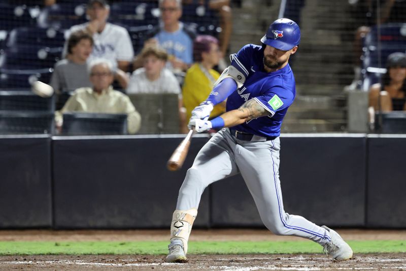Sep 16, 2025; St. Petersburg, Florida, USA;  Toronto Blue Jays right fielder Nathan Lukes (38) hits a home run during the fourth inning against the Tampa Bay Rays at George M. Steinbrenner Field. Mandatory Credit: Kim Klement Neitzel-Imagn Images