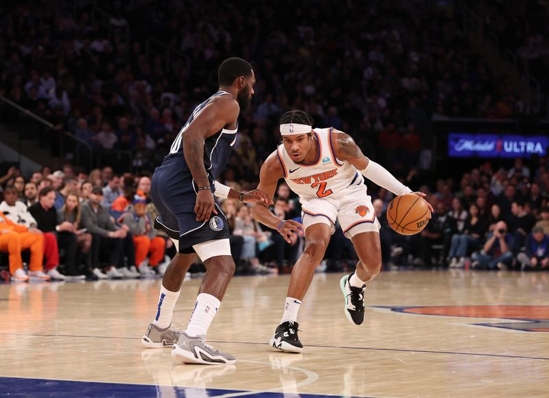 NEW YORK, NEW YORK - FEBRUARY 08:  Miles McBride #2 of the New York Knicks in action against Tim Hardaway Jr. #10 of the Dallas Mavericks during their game at Madison Square Garden on February 08, 2024 in New York City.   User expressly acknowledges and agrees that, by downloading and or using this photograph, User is consenting to the terms and conditions of the Getty Images License Agreement.  (Photo by Al Bello/Getty Images)