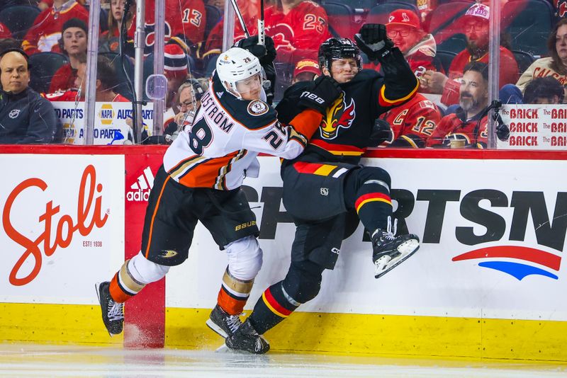 Apr 2, 2024; Calgary, Alberta, CAN; Calgary Flames left wing Dryden Hunt (15) and Anaheim Ducks defenseman Gustav Lindstrom (28) battles for the puck during the third period at Scotiabank Saddledome. Mandatory Credit: Sergei Belski-USA TODAY Sports