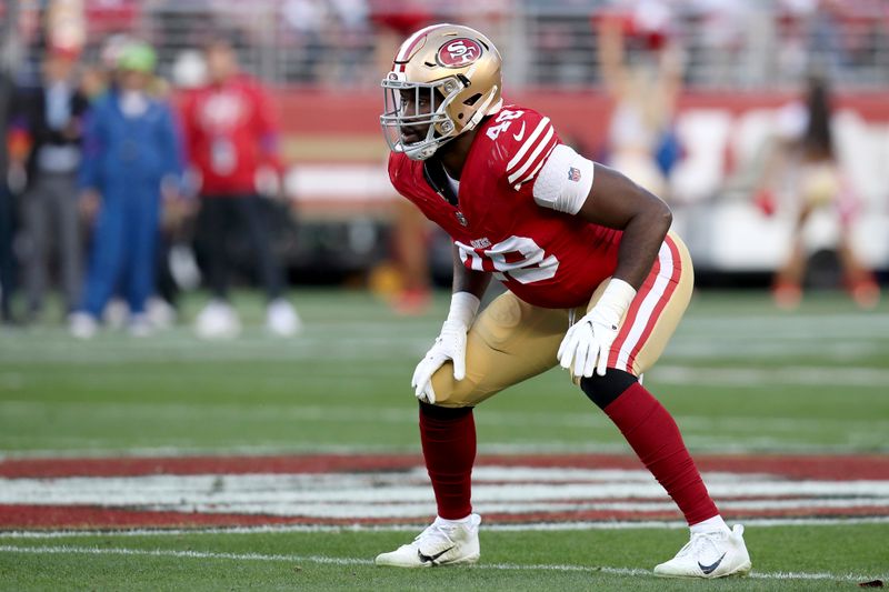 San Francisco 49ers linebacker Oren Burks (48) defends during the NFC Championship NFL football game against the Detroit Lions in Santa Clara, Calif., Sunday, Jan. 28, 2024. (AP Photo/Scot Tucker)