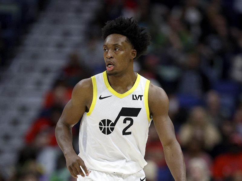 NEW ORLEANS, LOUISIANA - JANUARY 23: Collin Sexton #2 of the Utah Jazz dribbles the ball down court during the first quarter of an NBA game against the New Orleans Pelicans at Smoothie King Center on January 23, 2024 in New Orleans, Louisiana. NOTE TO USER: User expressly acknowledges and agrees that, by downloading and or using this photograph, User is consenting to the terms and conditions of the Getty Images License Agreement. (Photo by Sean Gardner/Getty Images)
