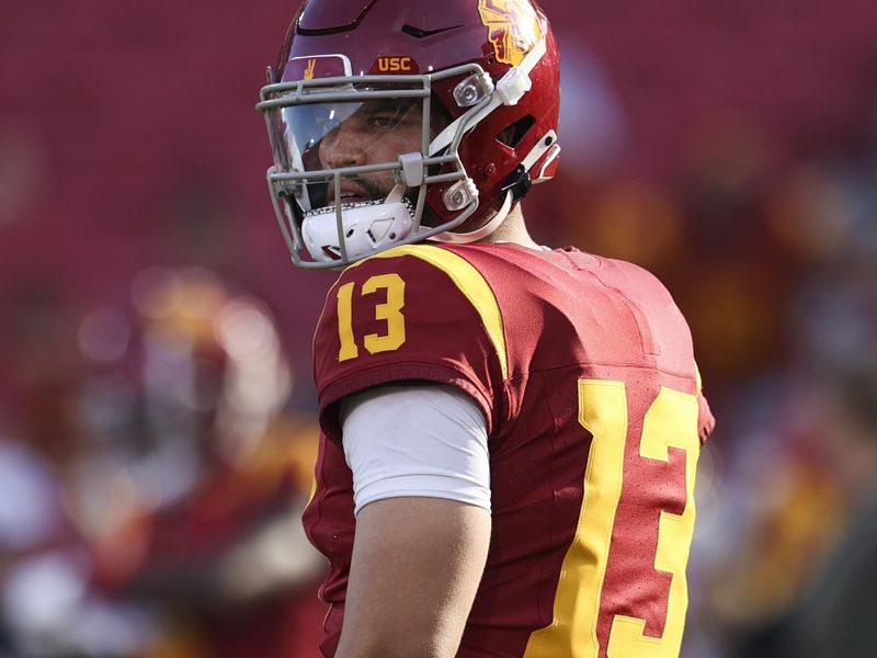 Nov 4, 2023; Los Angeles, California, USA; USC Trojans quarterback Caleb Williams (13) looks on before a game against the Washington Huskies at United Airlines Field at Los Angeles Memorial Coliseum. Mandatory Credit: Jessica Alcheh-USA TODAY Sports