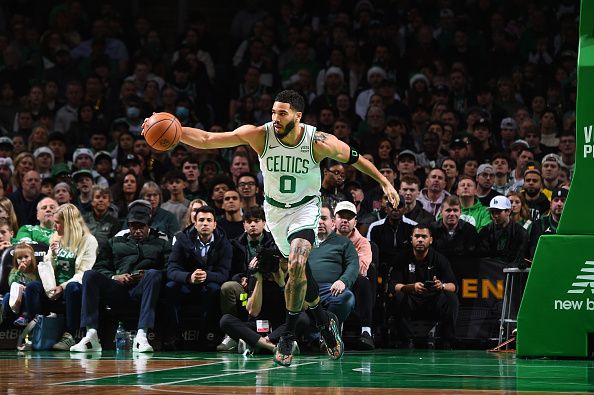 BOSTON, MA - DECEMBER 17: Jayson Tatum #0 of the Boston Celtics handles the ball during the game against the Orlando Magic on December 17, 2023 at the TD Garden in Boston, Massachusetts. NOTE TO USER: User expressly acknowledges and agrees that, by downloading and or using this photograph, User is consenting to the terms and conditions of the Getty Images License Agreement. Mandatory Copyright Notice: Copyright 2023 NBAE  (Photo by Brian Babineau/NBAE via Getty Images)