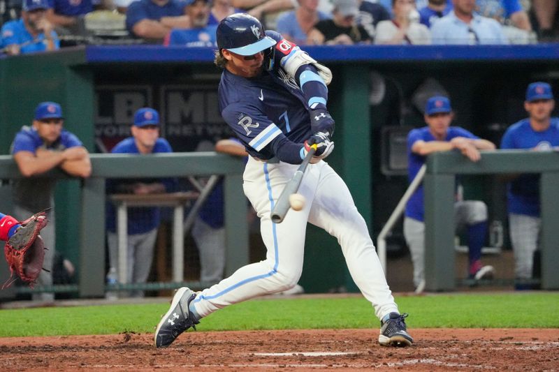 Jul 26, 2024; Kansas City, Missouri, USA; Kansas City Royals shortstop Bobby Witt Jr. (7) singles against the Chicago Cubs in the sixth inning at Kauffman Stadium. Mandatory Credit: Denny Medley-USA TODAY Sports