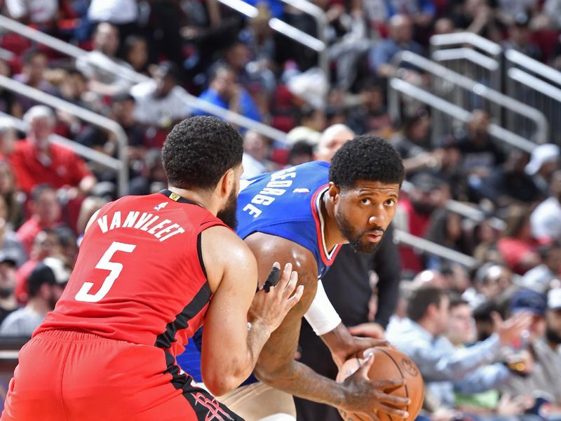 HOUSTON, TX - MARCH 6: Paul George #13 of the LA Clippers looks on during the game against the Houston Rockets on March 6, 2024 at the Toyota Center in Houston, Texas. NOTE TO USER: User expressly acknowledges and agrees that, by downloading and or using this photograph, User is consenting to the terms and conditions of the Getty Images License Agreement. Mandatory Copyright Notice: Copyright 2024 NBAE (Photo by Logan Riely/NBAE via Getty Images)