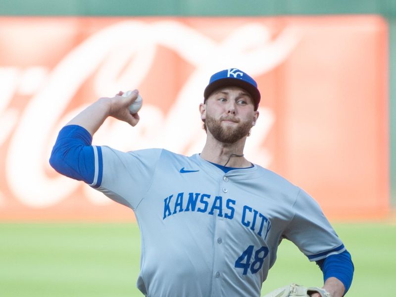 Jun 18, 2024; Oakland, California, USA; Kansas City Royals pitcher Alec Marsh (48) throws a pitch against the Oakland Athletics during the first inning at Oakland-Alameda County Coliseum. Mandatory Credit: Ed Szczepanski-USA TODAY Sports
