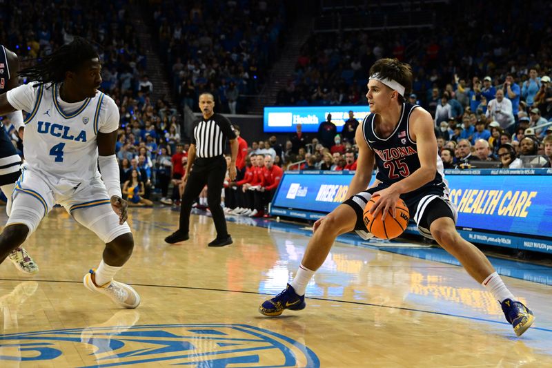 Mar 4, 2023; Los Angeles, California, USA;  Arizona Wildcats guard Kerr Kriisa (25) drives to the basket as UCLA Bruins guard Will McClendon (4) defends during the first half at Pauley Pavilion presented by Wescom. Mandatory Credit: Richard Mackson-USA TODAY Sports