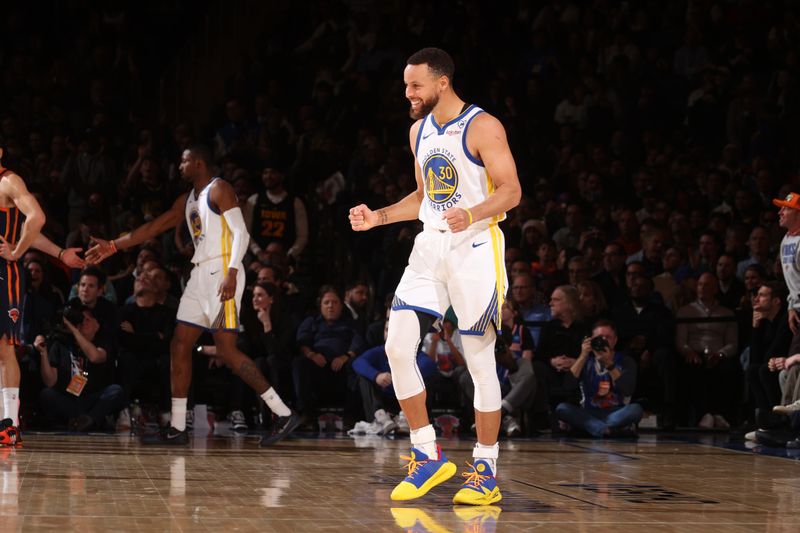 NEW YORK, NY - FEBRUARY 29: Stephen Curry #30 of the Golden State Warriors celebrates during the game against the New York Knicks on January 29, 2024 at Madison Square Garden in New York City, New York.  NOTE TO USER: User expressly acknowledges and agrees that, by downloading and or using this photograph, User is consenting to the terms and conditions of the Getty Images License Agreement. Mandatory Copyright Notice: Copyright 2024 NBAE  (Photo by Nathaniel S. Butler/NBAE via Getty Images)