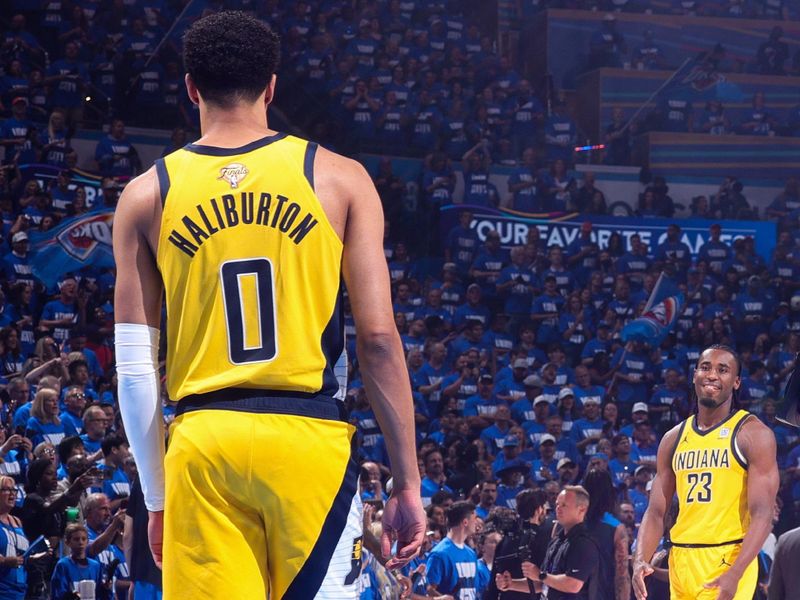 OKLAHOMA CITY, OK - JUNE 8: Tyrese Haliburton #0 of the Indiana Pacers looks on during the game against the Oklahoma City Thunder during Game Two of the 2025 NBA Finals on June 8, 2025 at Paycom Center in Oklahoma City, Oklahoma. NOTE TO USER: User expressly acknowledges and agrees that, by downloading and or using this photograph, User is consenting to the terms and conditions of the Getty Images License Agreement. Mandatory Copyright Notice: Copyright 2025 NBAE(Photo by Nathaniel S. Butler/NBAE via Getty Images)