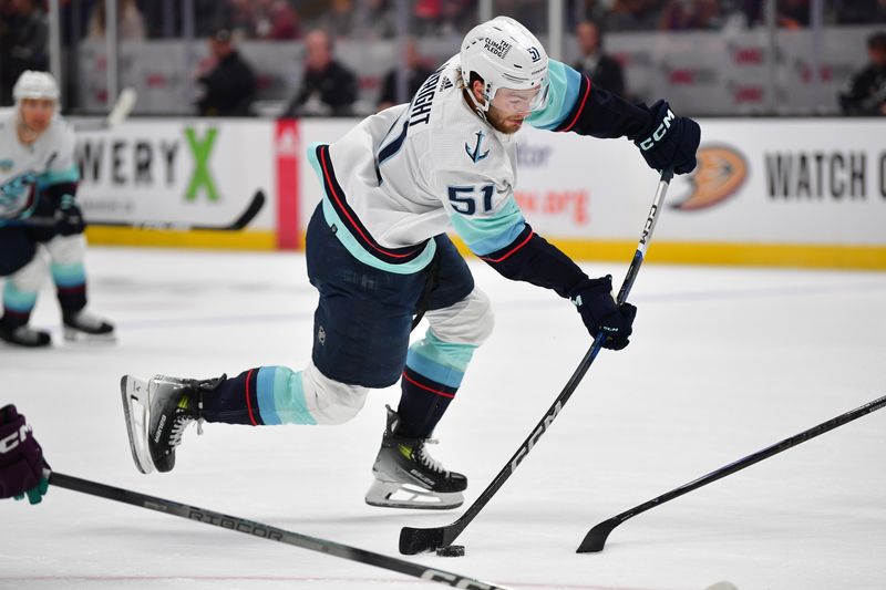 Apr 5, 2024; Anaheim, California, USA; Seattle Kraken center Shane Wright (51) shoots on goal against the Anaheim Ducks during the first period at Honda Center. Mandatory Credit: Gary A. Vasquez-USA TODAY Sports