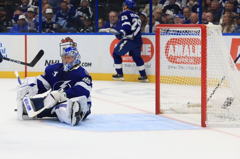Dec 18, 2025; Tampa, Florida, USA; Tampa Bay Lightning goaltender Andrei Vasilevskiy (88) reacts after he gave up a goal against the Los Angeles Kings during the second period at Benchmark International Arena. Mandatory Credit: Kim Klement Neitzel-Imagn Images