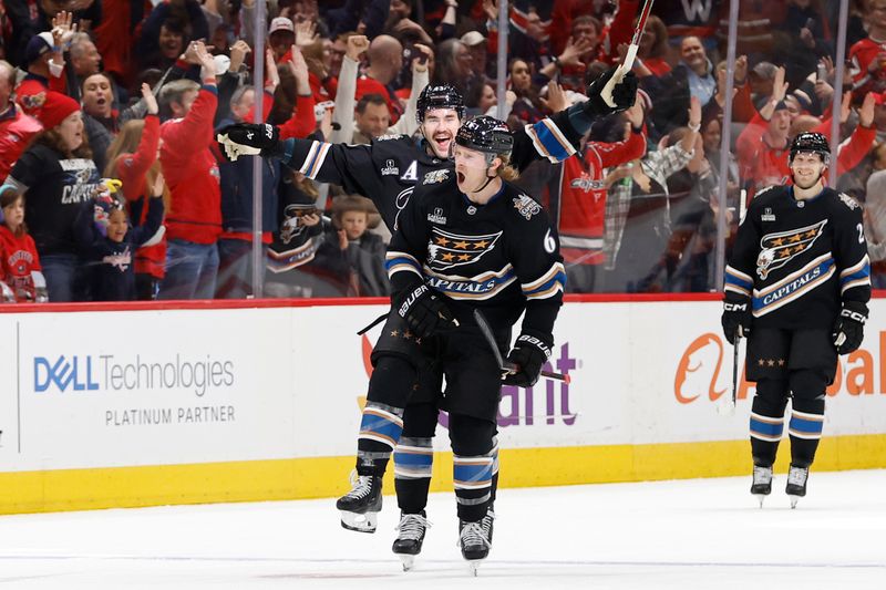 Nov 29, 2024; Washington, District of Columbia, USA; Washington Capitals defenseman Jakob Chychrun (6) celebrates after scoring the game-winning overtime goal against the New York Islanders at Capital One Arena. Mandatory Credit: Geoff Burke-Imagn Images