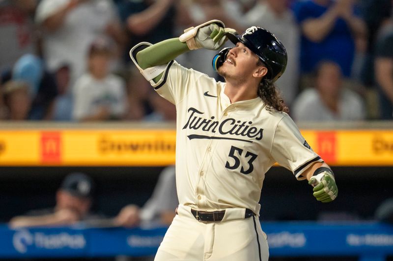 Sep 16, 2025; Minneapolis, Minnesota, USA; Minnesota Twins shortstop Ryan Fitzgerald (53) celebrates hitting a two run home run against the New York Yankees in the sixth inning at Target Field. Mandatory Credit: Jesse Johnson-Imagn Images