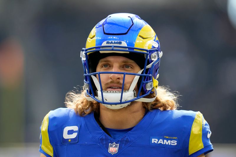 Los Angeles Rams wide receiver Ben Skowronek (18) warms up before an NFL football game against the Arizona Cardinals Sunday, Oct. 15, 2023, in Inglewood, Calif. (AP Photo/Ashley Landis)