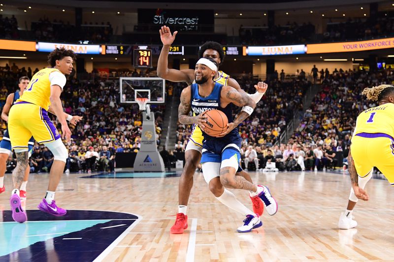 PALM SPRINGS, CA - OCTOBER 4: Nickeil Alexander-Walker #9 of the Minnesota Timberwolves drives to the basket during the game against the Los Angeles Lakers during an NBA preseason game on October 4, 2024 at Acrisure Arena in Palm Springs, California. NOTE TO USER: User expressly acknowledges and agrees that, by downloading and/or using this Photograph, user is consenting to the terms and conditions of the Getty Images License Agreement. Mandatory Copyright Notice: Copyright 2024 NBAE (Photo by Adam Pantozzi/NBAE via Getty Images)