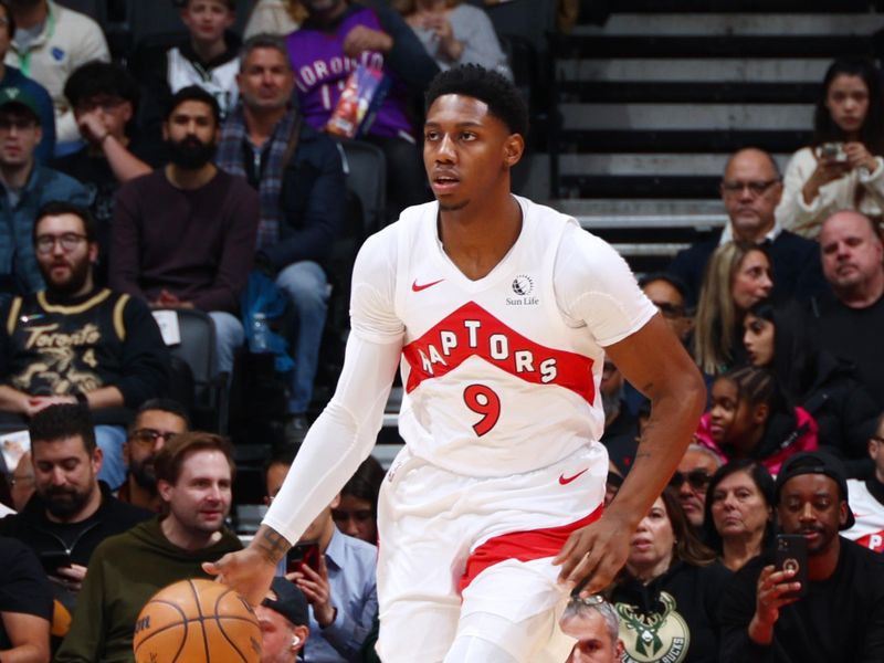 TORONTO, CANADA - JANUARY 6: RJ Barrett #9 of the Toronto Raptors dribbles the ball during the game against the Milwaukee Bucks on January 6, 2025 at the Scotiabank Arena in Toronto, Ontario, Canada.  NOTE TO USER: User expressly acknowledges and agrees that, by downloading and or using this Photograph, user is consenting to the terms and conditions of the Getty Images License Agreement.  Mandatory Copyright Notice: Copyright 2025 NBAE (Photo by Vaughn Ridley/NBAE via Getty Images)