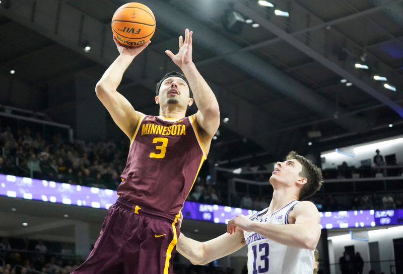 Mar 9, 2024; Evanston, Illinois, USA; Northwestern Wildcats guard Brooks Barnhizer (13) defends Minnesota Golden Gophers forward Dawson Garcia (3) during the first half at Welsh-Ryan Arena. Mandatory Credit: David Banks-USA TODAY Sports