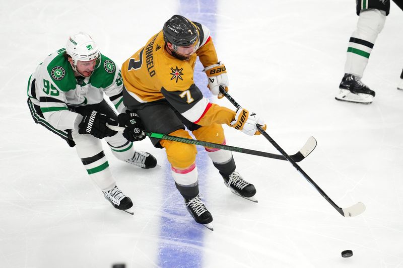 May 3, 2024; Las Vegas, Nevada, USA; Vegas Golden Knights defenseman Alex Pietrangelo (7) chips the puck ahead of Dallas Stars center Matt Duchene (95) during the third period of game six of the first round of the 2024 Stanley Cup Playoffs at T-Mobile Arena. Mandatory Credit: Stephen R. Sylvanie-USA TODAY Sports