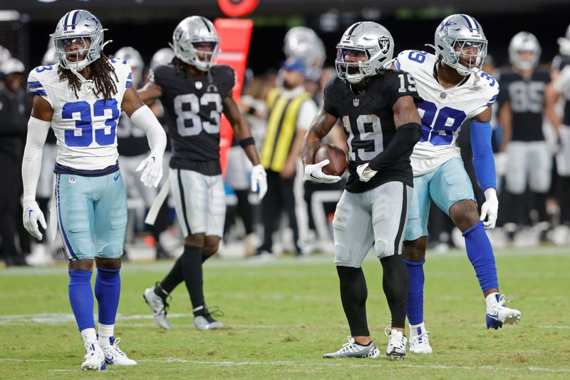 Las Vegas Raiders wide receiver DJ Turner (19) reacts after a play against the Dallas Cowboys during the second half of an NFL preseason football game, Saturday, Aug. 17, 2024, in Las Vegas. (AP Photo/Steve Marcus)