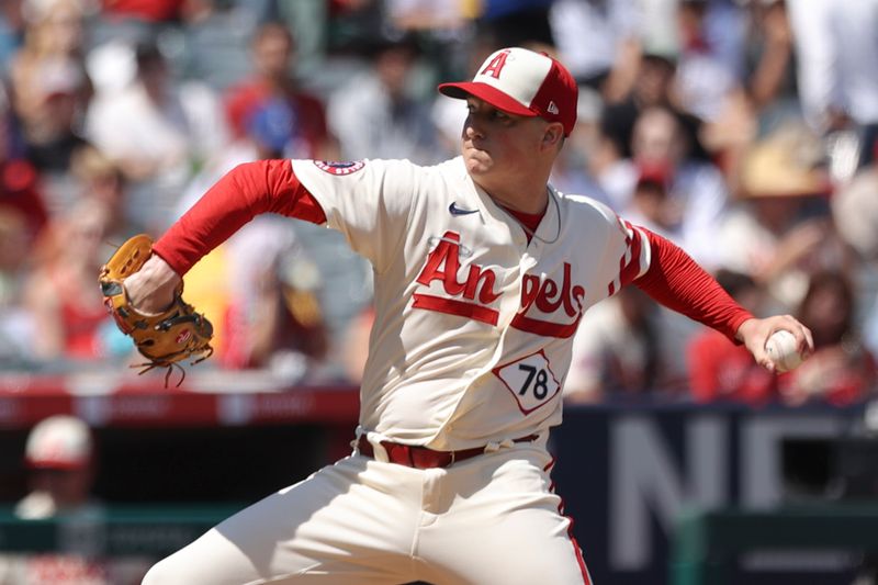 Sep 10, 2023; Anaheim, California, USA; Los Angeles Angels relief pitcher Kenny Rosenberg (78) throws to a Cleveland Guardians batter during the first inning of a baseball game at Angel Stadium. Mandatory Credit: Jessica Alcheh-USA TODAY Sports