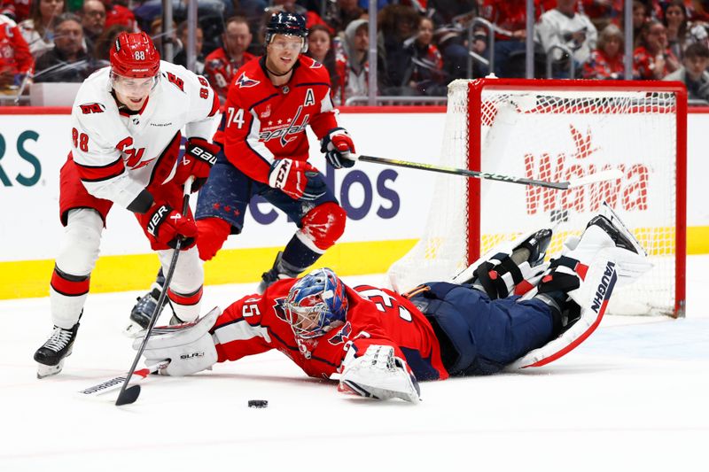 Mar 22, 2024; Washington, District of Columbia, USA; Washington Capitals goaltender Darcy Kuemper (35) reaches for the puck in front of Carolina Hurricanes center Martin Necas (88) during the second period at Capital One Arena. Mandatory Credit: Amber Searls-USA TODAY Sports