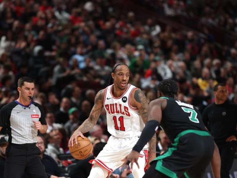 CHICAGO, IL - FEBRUARY 22: DeMar DeRozan #11 of the Chicago Bulls handles the ball during the game against the Boston Celtics on February 22, 2024 at United Center in Chicago, Illinois. NOTE TO USER: User expressly acknowledges and agrees that, by downloading and or using this photograph, User is consenting to the terms and conditions of the Getty Images License Agreement. Mandatory Copyright Notice: Copyright 2024 NBAE (Photo by Jeff Haynes/NBAE via Getty Images)