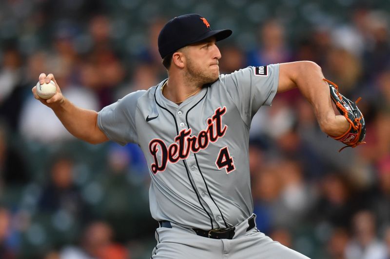 Aug 21, 2024; Chicago, Illinois, USA; Detroit Tigers starting pitcher Beau Brieske (4) pitches during the first inning against the Chicago Cubs at Wrigley Field. Mandatory Credit: Patrick Gorski-USA TODAY Sports