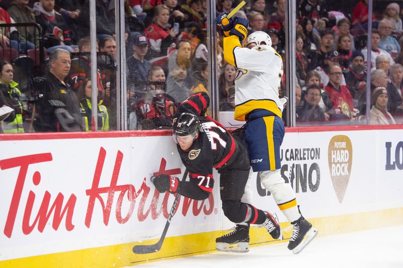 Jan 29, 2024; Ottawa, Ontario, CAN; Ottawa Senators center Ridly Greig (71) is checked by Nashville Predators left wing Cole Smith (36) in the first period at the Canadian Tire Centre. Mandatory Credit: Marc DesRosiers-USA TODAY Sports