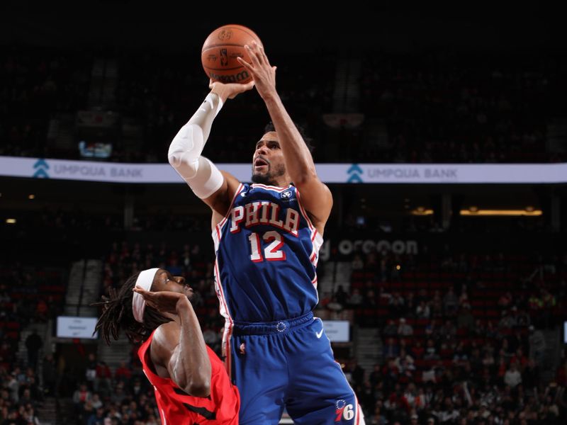 PORTLAND, OR - JANUARY 29: Tobias Harris #12 of the Philadelphia 76ers shoots the ball during the game against the Portland Trail Blazers on January 29, 2024 at the Moda Center Arena in Portland, Oregon. NOTE TO USER: User expressly acknowledges and agrees that, by downloading and or using this photograph, user is consenting to the terms and conditions of the Getty Images License Agreement. Mandatory Copyright Notice: Copyright 2024 NBAE (Photo by Cameron Browne/NBAE via Getty Images)