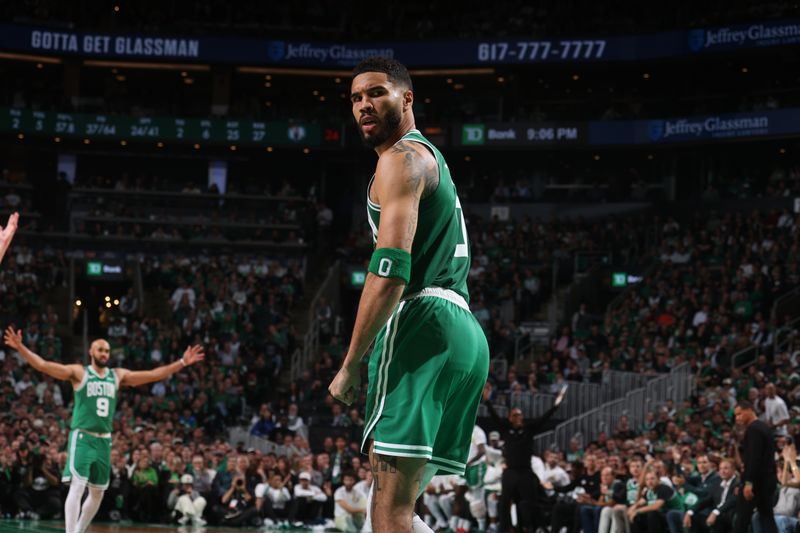 BOSTON, MA - OCTOBER 22:  Jayson Tatum #0 of the Boston Celtics celebrates during the game against the New York Knicks on October 22, 2024 at TD Garden in Boston, Massachusetts. NOTE TO USER: User expressly acknowledges and agrees that, by downloading and or using this Photograph, user is consenting to the terms and conditions of the Getty Images License Agreement. Mandatory Copyright Notice: Copyright 2024 NBAE (Photo by Nathaniel S. Butler/NBAE via Getty Images)