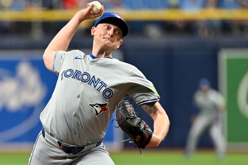 Sep 22, 2024; St. Petersburg, Florida, USA; Toronto Blue Jays starting pitcher Ryan Burr (43) throws a pitch in the first inning against the Tampa Bay Rays at Tropicana Field. Mandatory Credit: Jonathan Dyer-Imagn Images