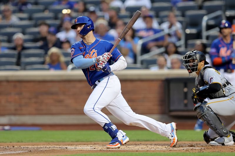 Aug 14, 2023; New York City, New York, USA; New York Mets first baseman Pete Alonso (20) follows through on an RBI double against the Pittsburgh Pirates during the first inning at Citi Field. Mandatory Credit: Brad Penner-USA TODAY Sports