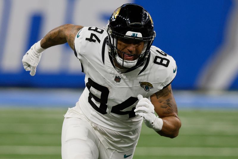 Jacksonville Jaguars wide receiver Elijah Cooks (84) runs against the Detroit Lions during the second half of a preseason NFL football game, Saturday, Aug. 19, 2023, in Detroit. (AP Photo/Duane Burleson)