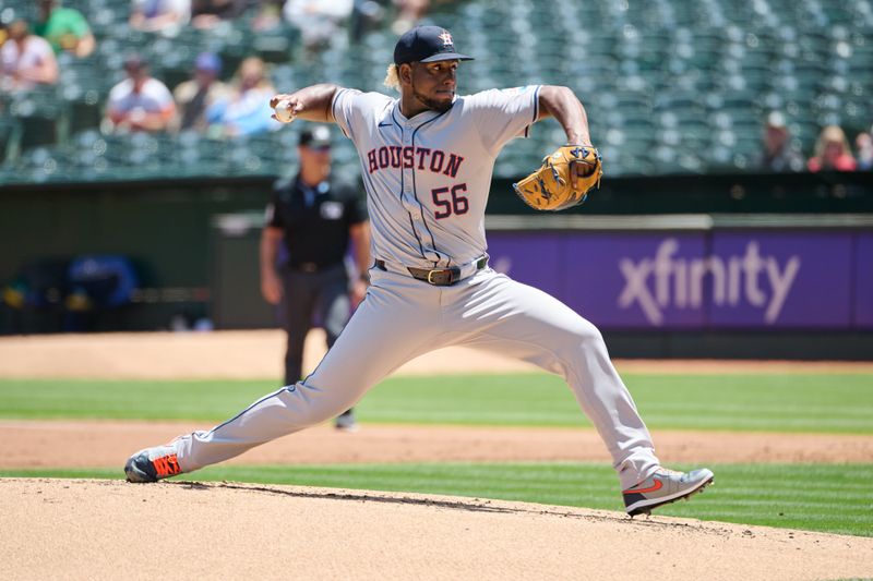 May 26, 2024; Oakland, California, USA; Houston Astros starting pitcher Ronel Blanco (56) throws a pitch against the Oakland Athletics during the first inning at Oakland-Alameda County Coliseum. Mandatory Credit: Robert Edwards-USA TODAY Sports