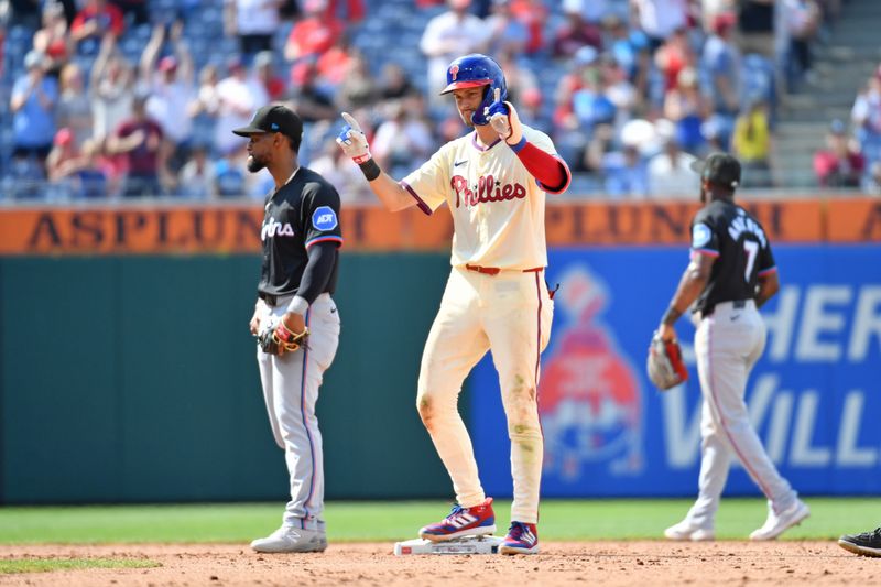 Jun 30, 2024; Philadelphia, Pennsylvania, USA; Philadelphia Phillies shortstop Trea Turner (7) reacts after hitting a two RBI double against the Miami Marlins during the seventh inning at Citizens Bank Park. Mandatory Credit: Eric Hartline-USA TODAY Sports