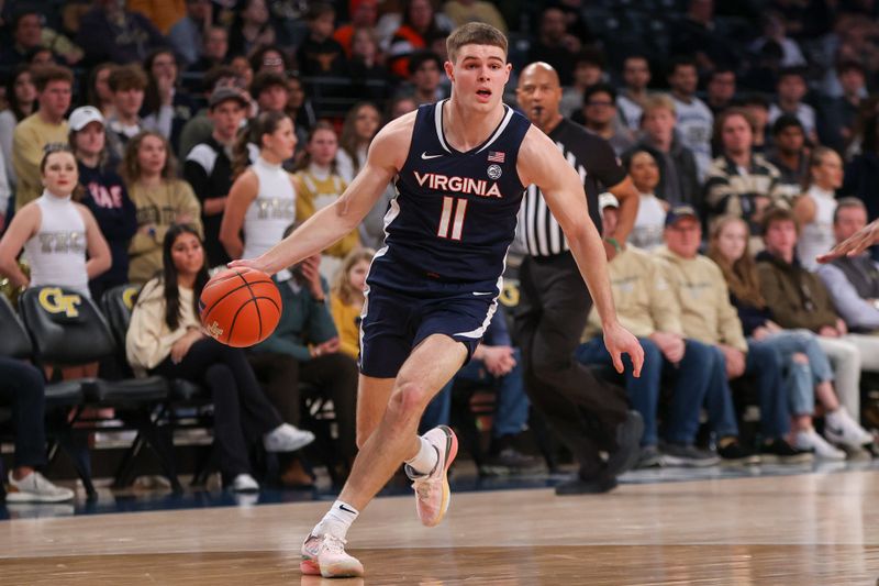 Jan 20, 2024; Atlanta, Georgia, USA; Virginia Cavaliers guard Isaac McKneely (11) drives to the basket against the Georgia Tech Yellow Jackets in the first half at McCamish Pavilion. Mandatory Credit: Brett Davis-USA TODAY Sports