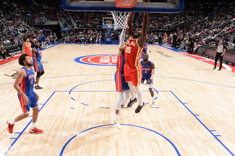 DETROIT, MI - NOVEMBER 8: Clint Capela #15 of the Atlanta Hawks dunks the ball during the game against the Detroit Pistons on November  8, 2024 at Little Caesars Arena in Detroit, Michigan. NOTE TO USER: User expressly acknowledges and agrees that, by downloading and/or using this photograph, User is consenting to the terms and conditions of the Getty Images License Agreement. Mandatory Copyright Notice: Copyright 2024 NBAE (Photo by Chris Schwegler/NBAE via Getty Images)